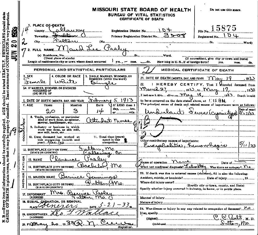 Death Certificate of Pasley, Maude Lee