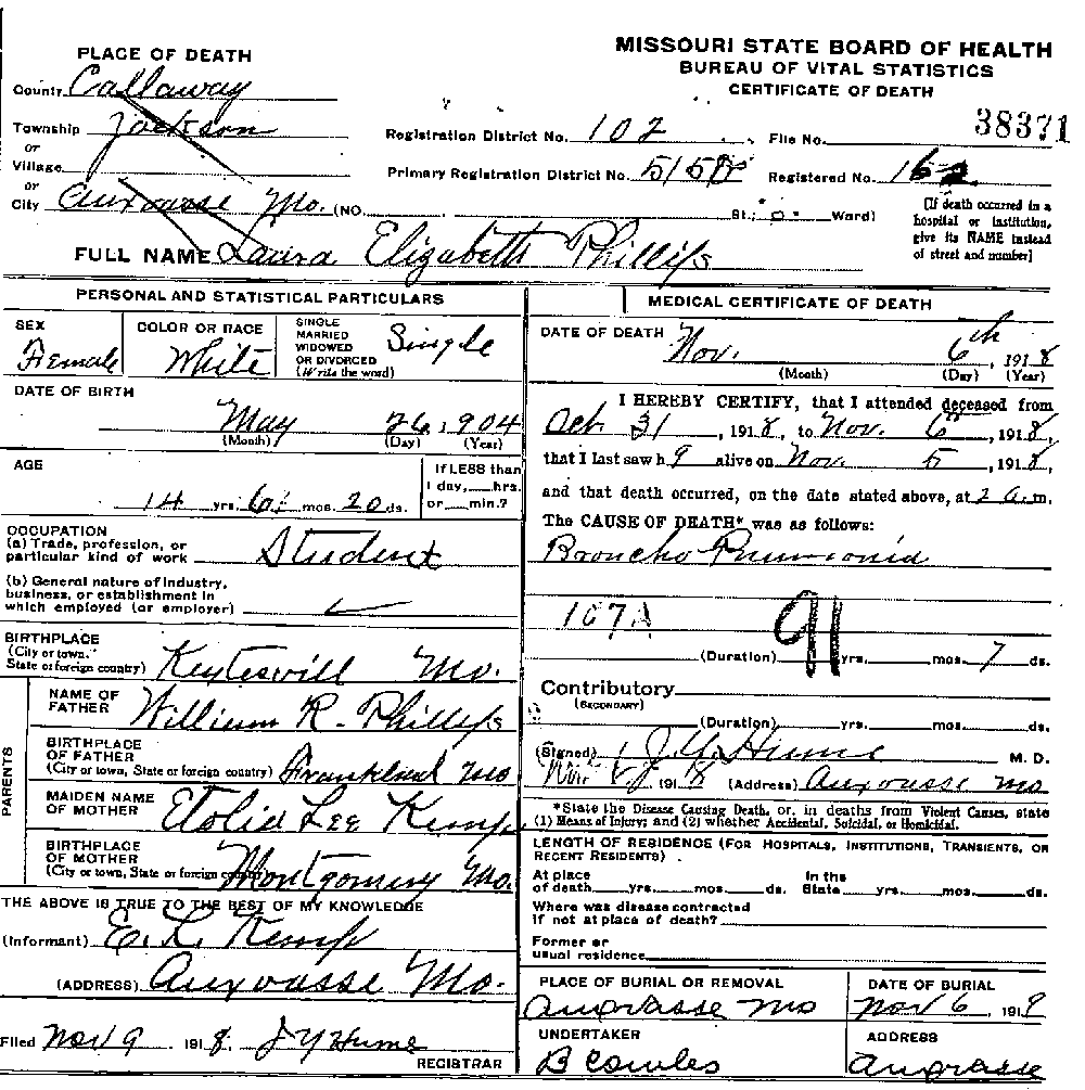 Death Certificate of Phillips, Laura Elizabeth
