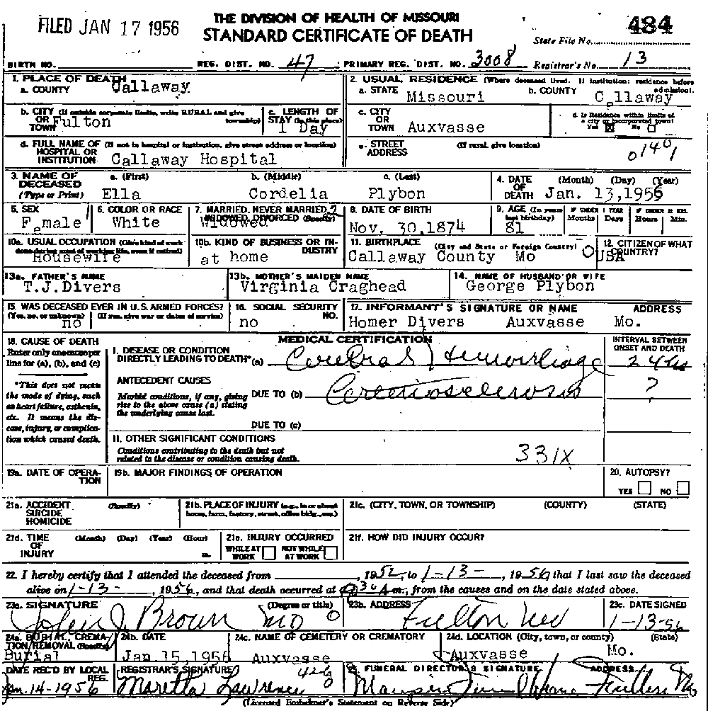 Death Certificate of Plybon, Ella Cordelia Divers