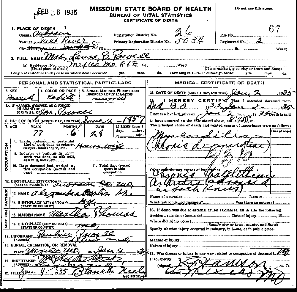 Death Certificate of Powell, Laura B. Carter
