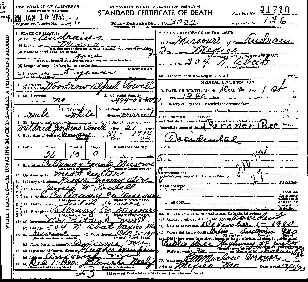 Death Certificate of Powell, Woodrow Alfred