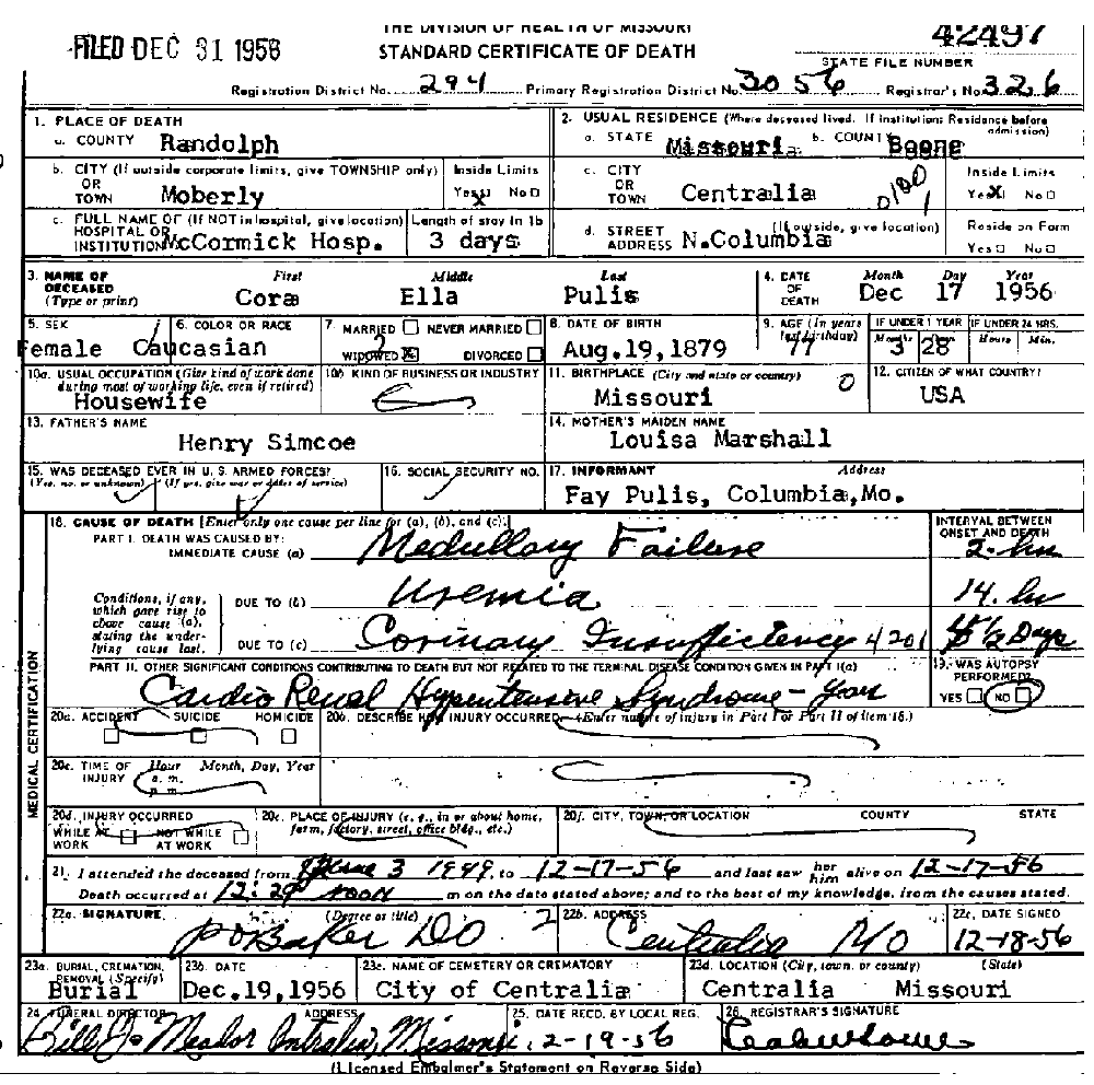 Death Certificate of Pulis, Cora Ella Simco