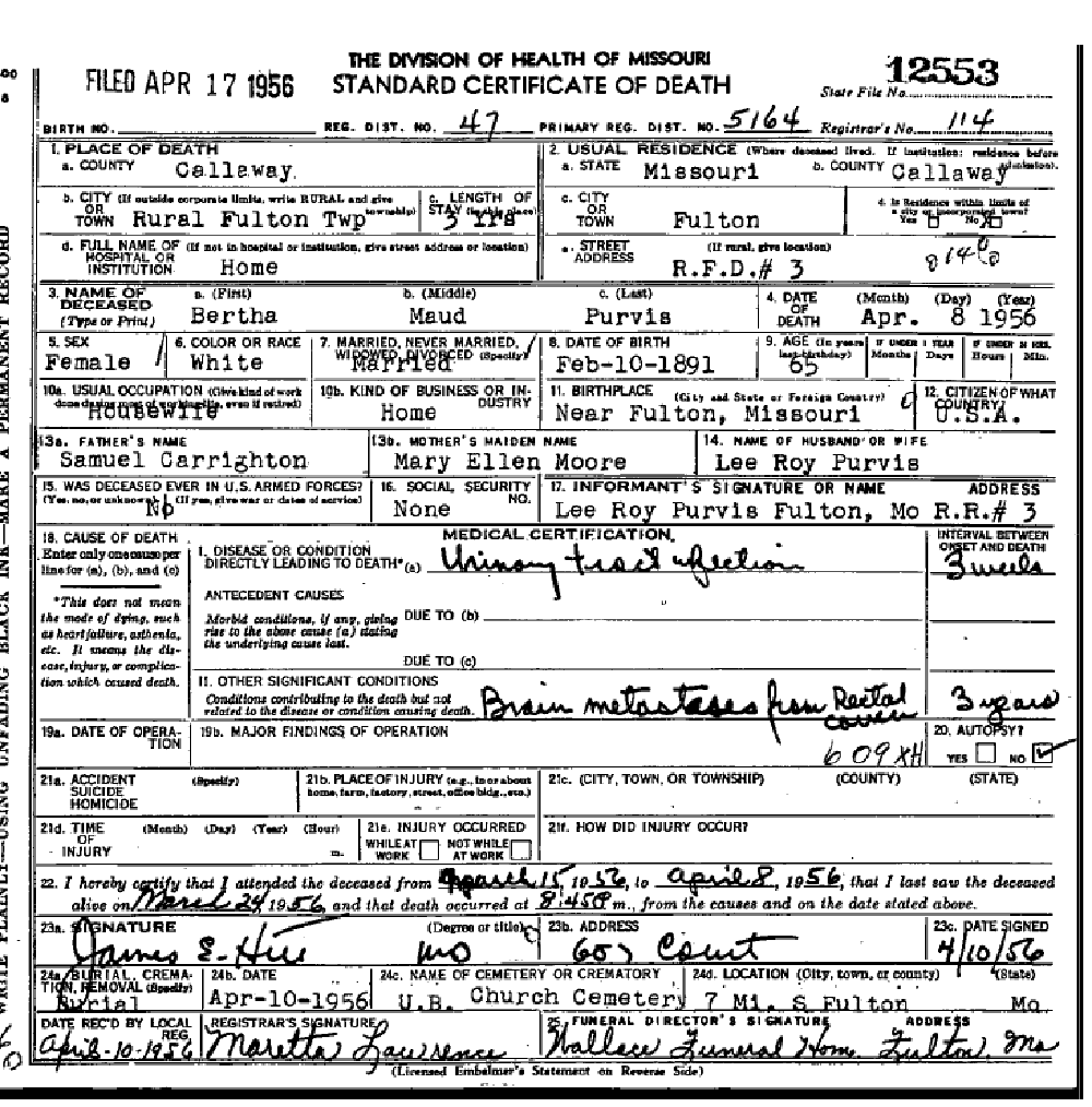 Death certificate of Purvis, Bertha Maude Carrington