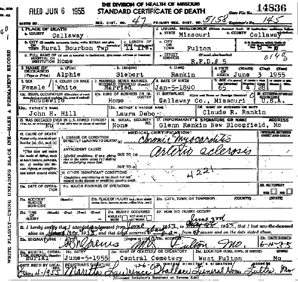 Death Certificate of Rankin, Alphie Siebert Hill