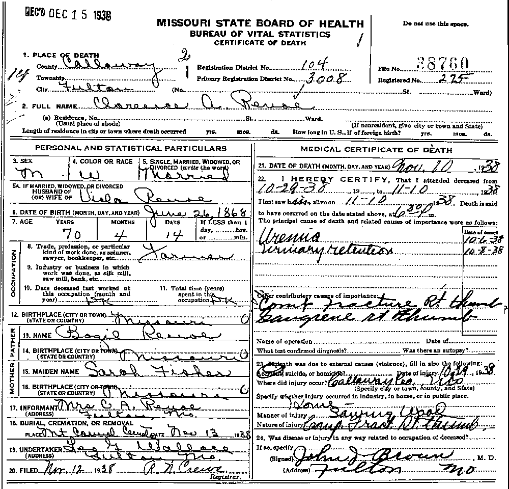 Death Certificate of Renoe, Clarence Alexander