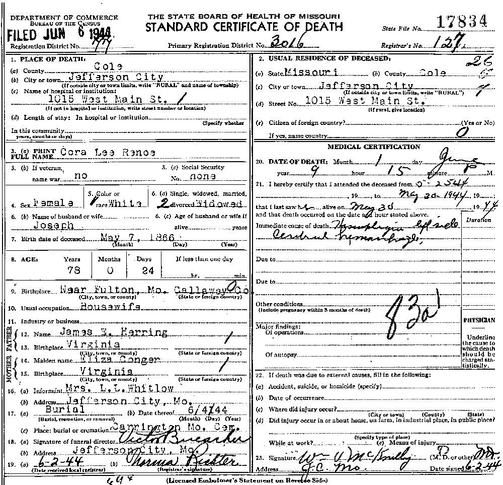 Death Certificate of Renoe, Cora Lee Herring