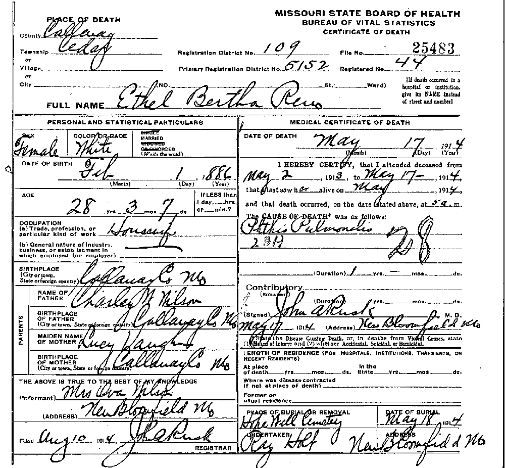 Death Certificate of Renoe, Ethel Bertha Wilson