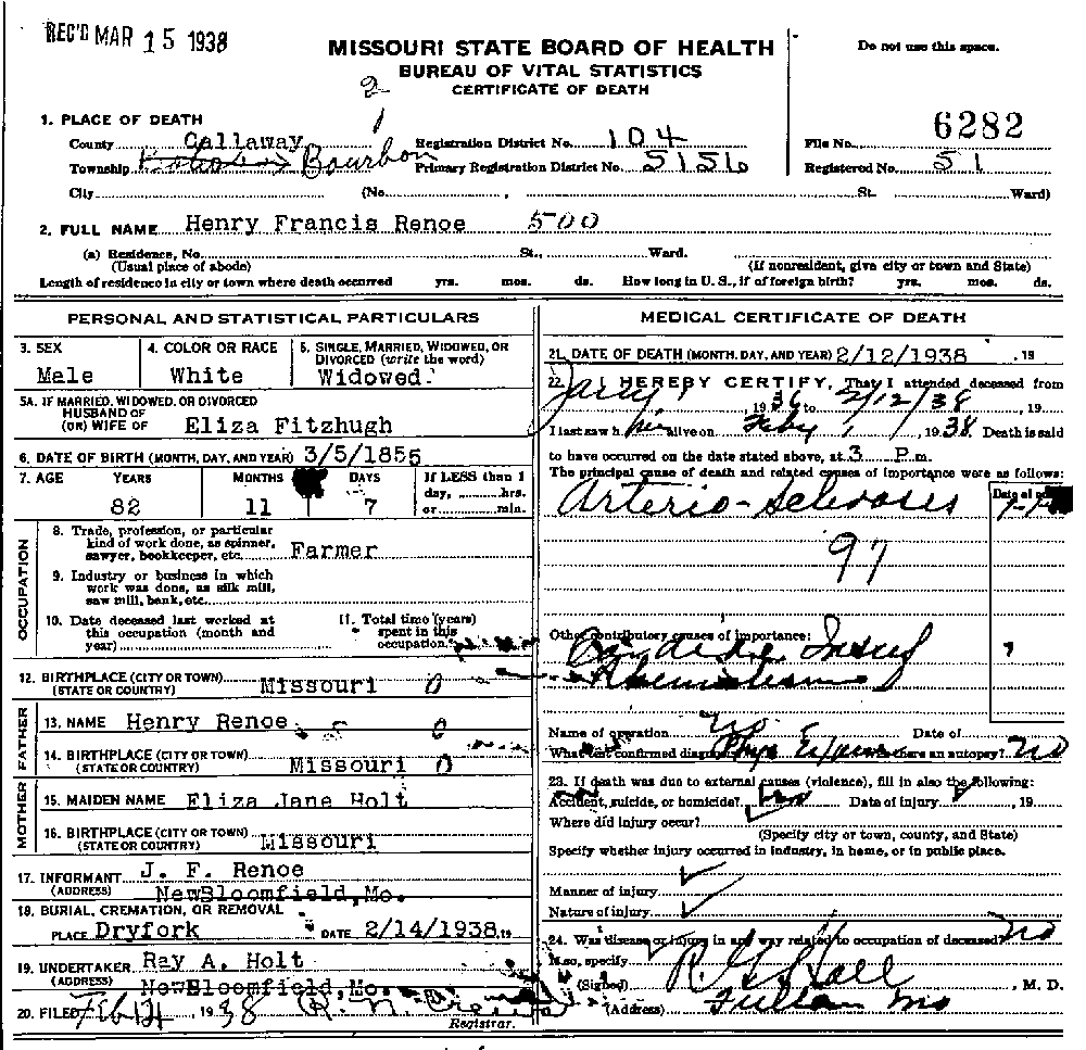 Death Certificate of Renoe, Henry Francis