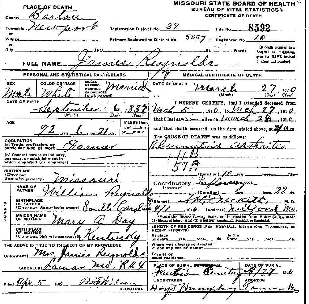 Death Certificate of Reynolds, James B.