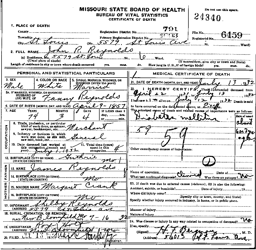 Death Certificate of Reynolds, John Robert