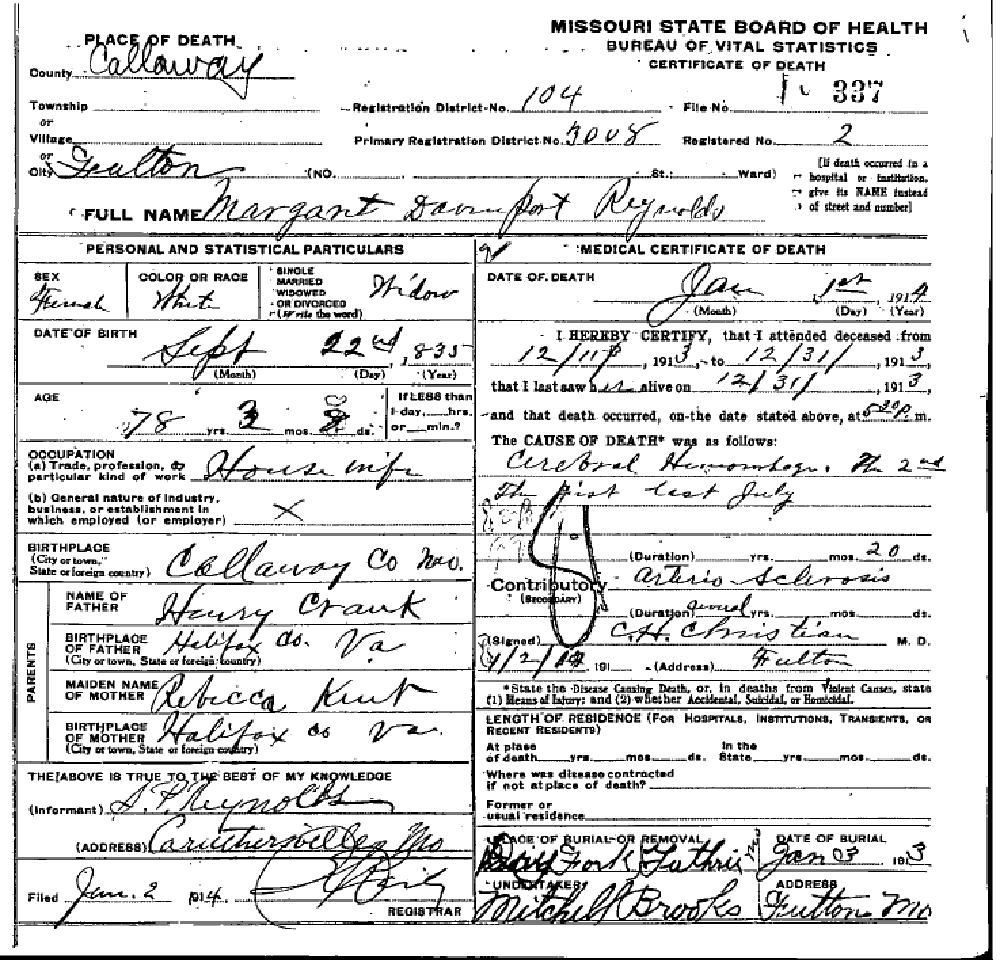 Death certificate of Reynolds, Margaret Crank