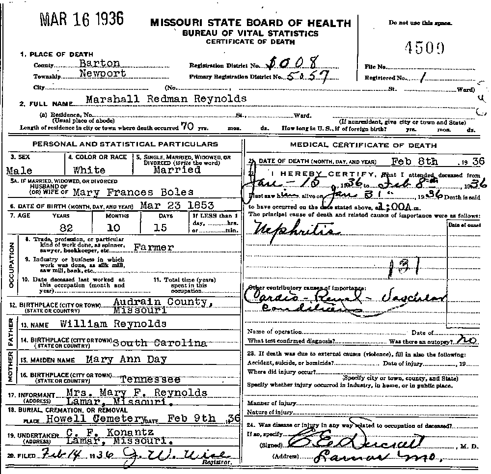 Death Certificate of Reynolds, Marshall Redman