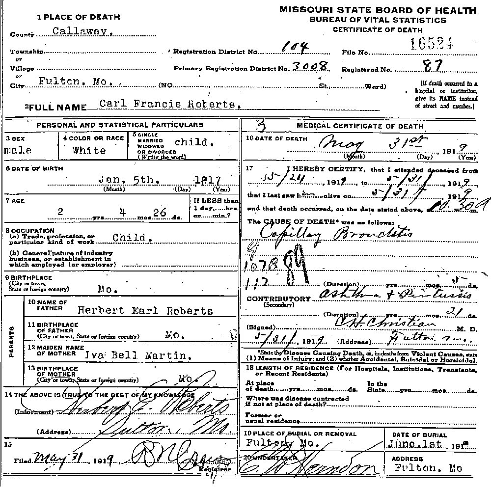 Death Certificate of Roberts, Carl Francis
