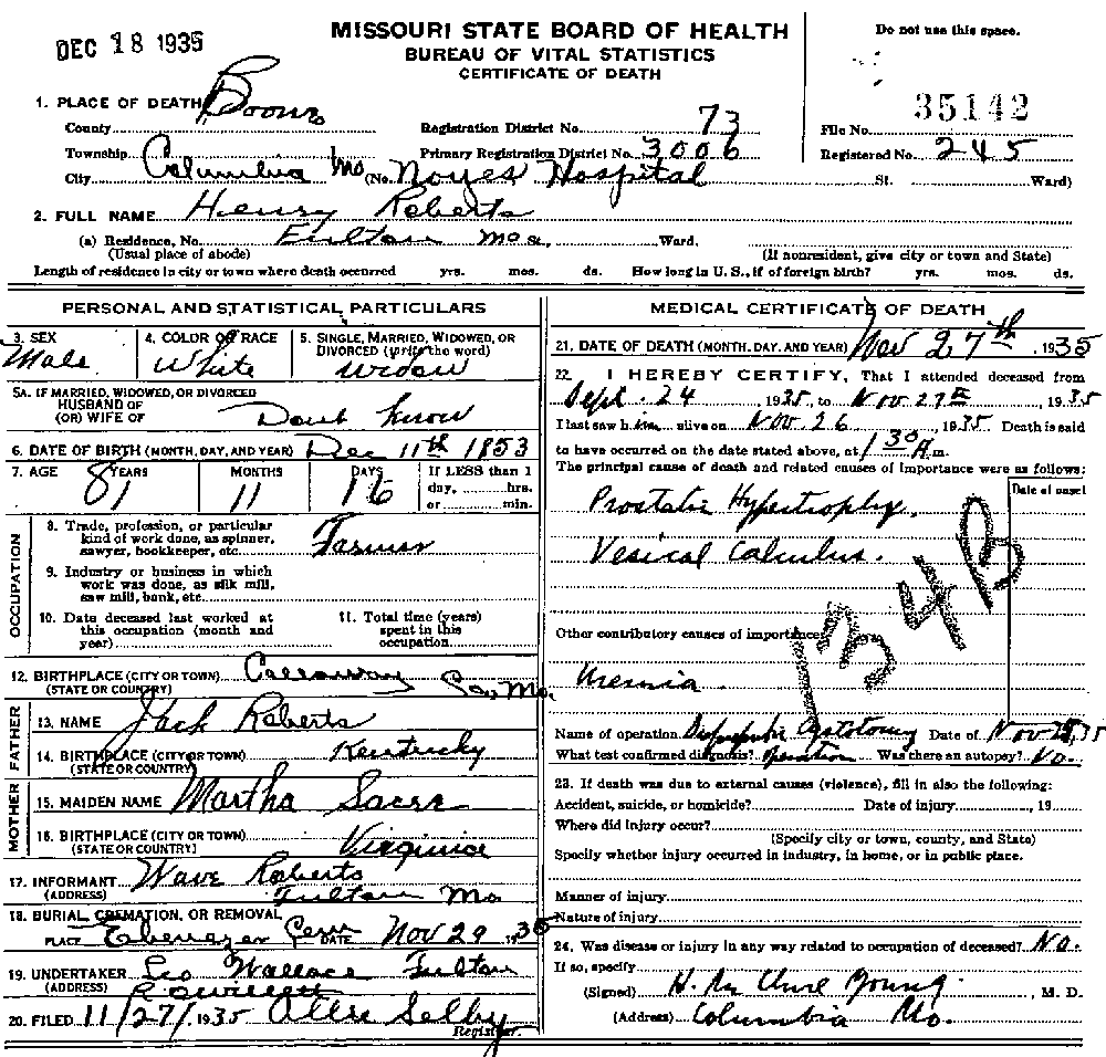 Death Certificate of Roberts, Henry Newton