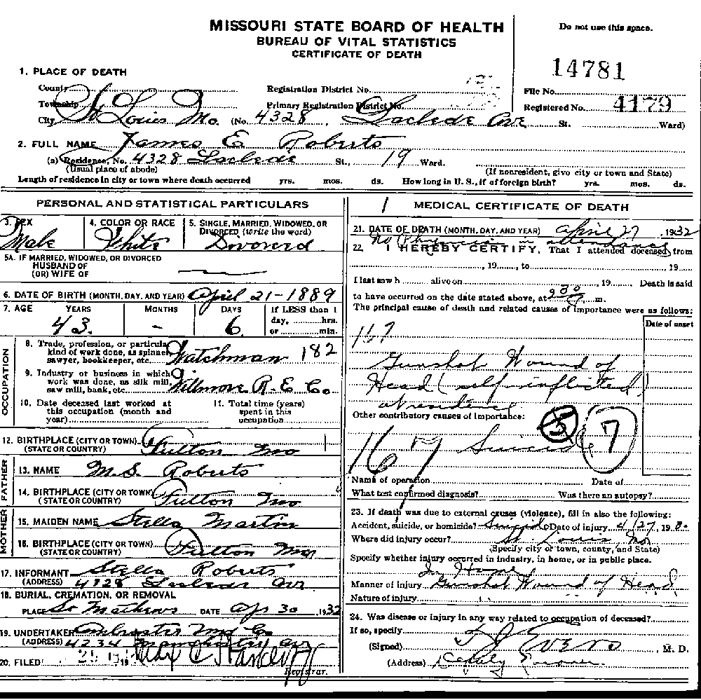 Death Certificate of Roberts, James Edmonte