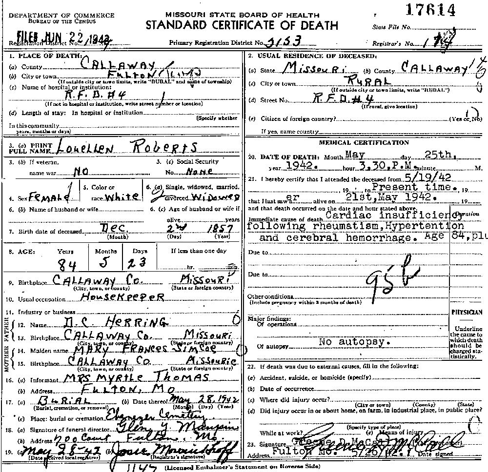 Death Certificate of Roberts, Louellen Herring