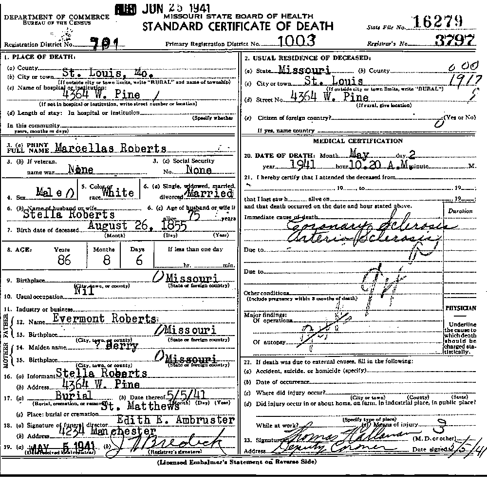 Death Certificate of Roberts, Marcellus