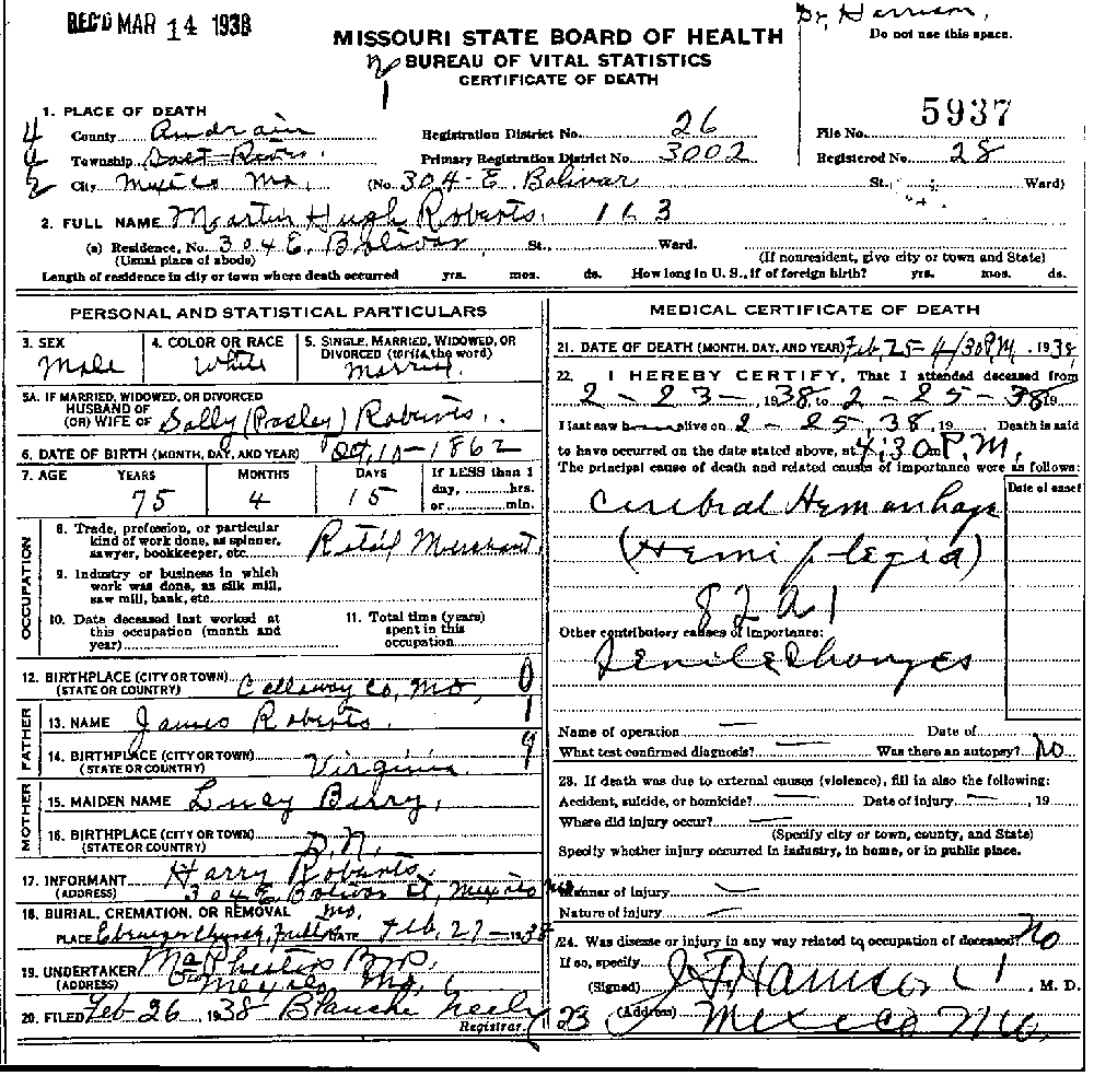 Death Certificate of Roberts, Martin Hugh
