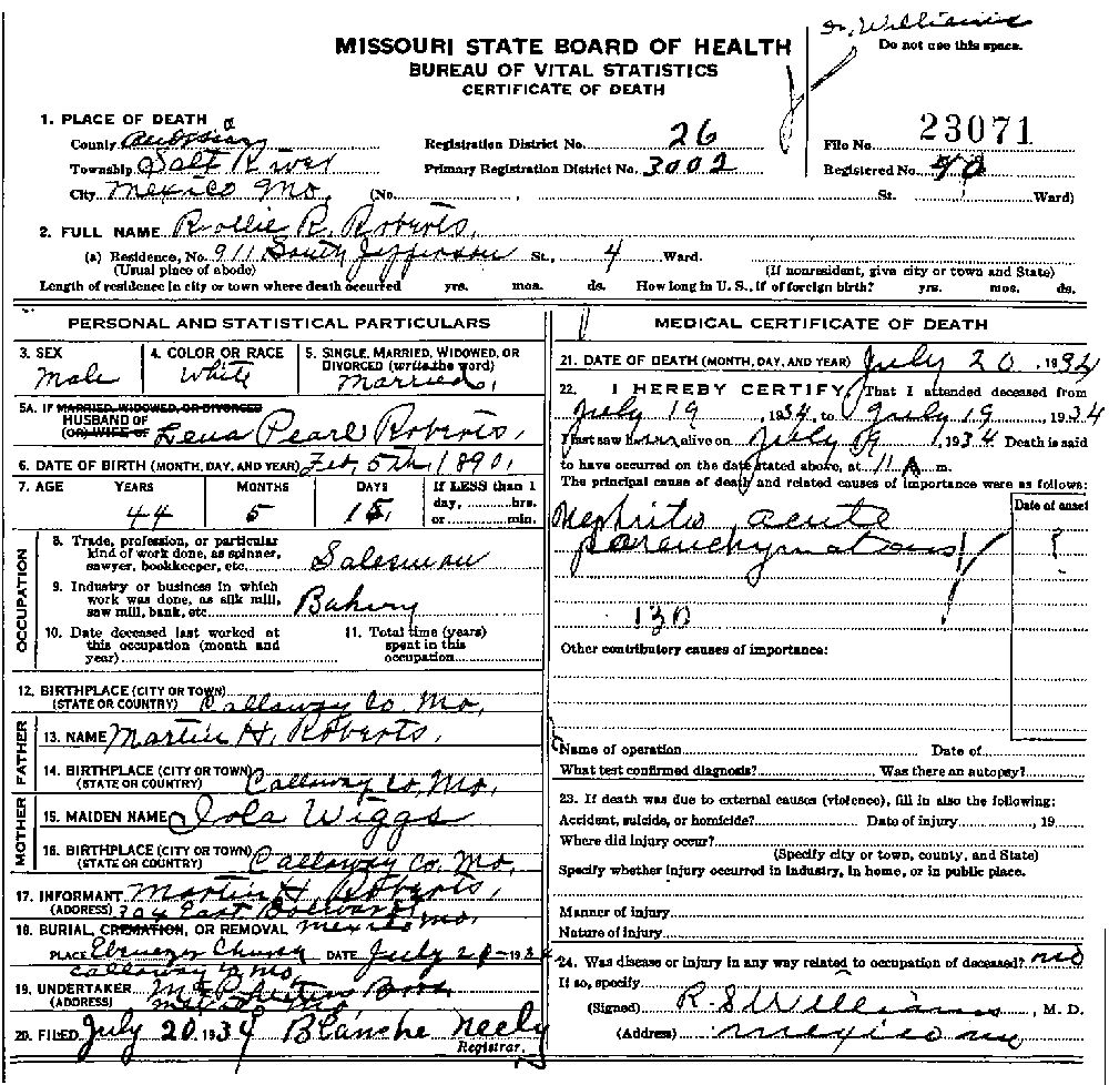 Death Certificate of Roberts, Rollie R.