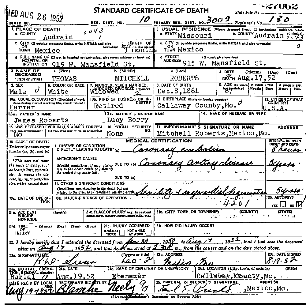Death Certificate of Roberts, Thomas Mitchell