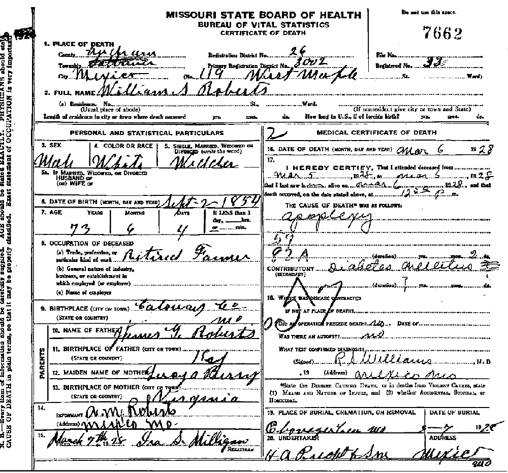 Death Certificate of Roberts, William Seldon