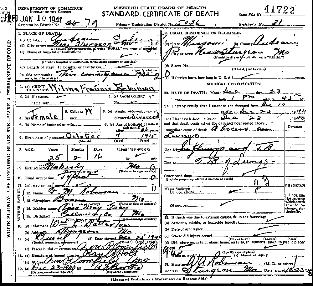 Death Certificate of Robinson, Wilma Francis