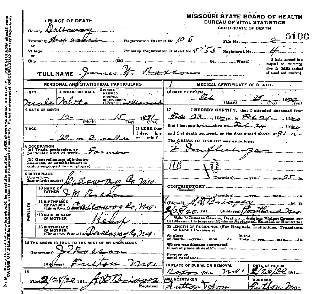 Death Certificate of Rosson, James W.