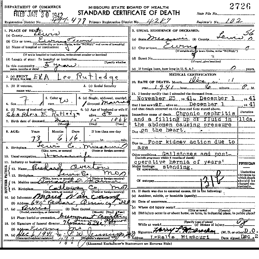 Death Certificate of Rutledge, Eva Lee Overton
