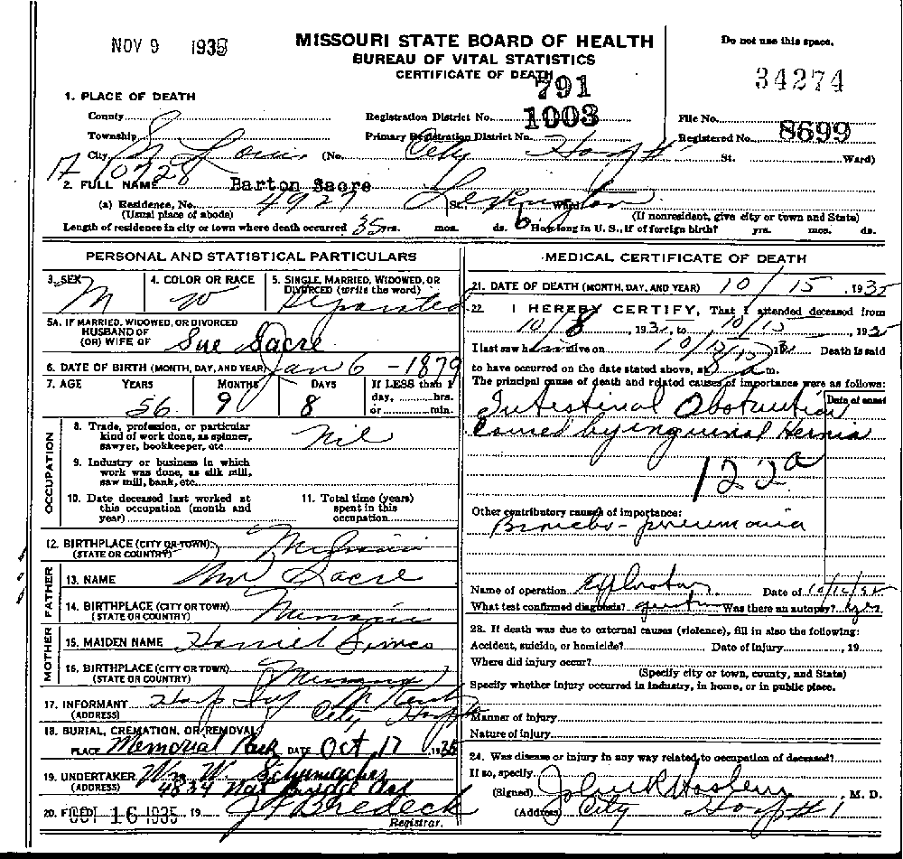 Death Certificate of Sacre, Barton R.