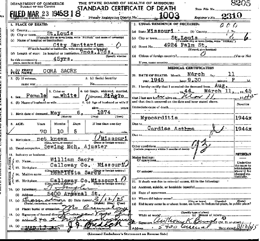 Death Certificate of Sacre, Cora D.