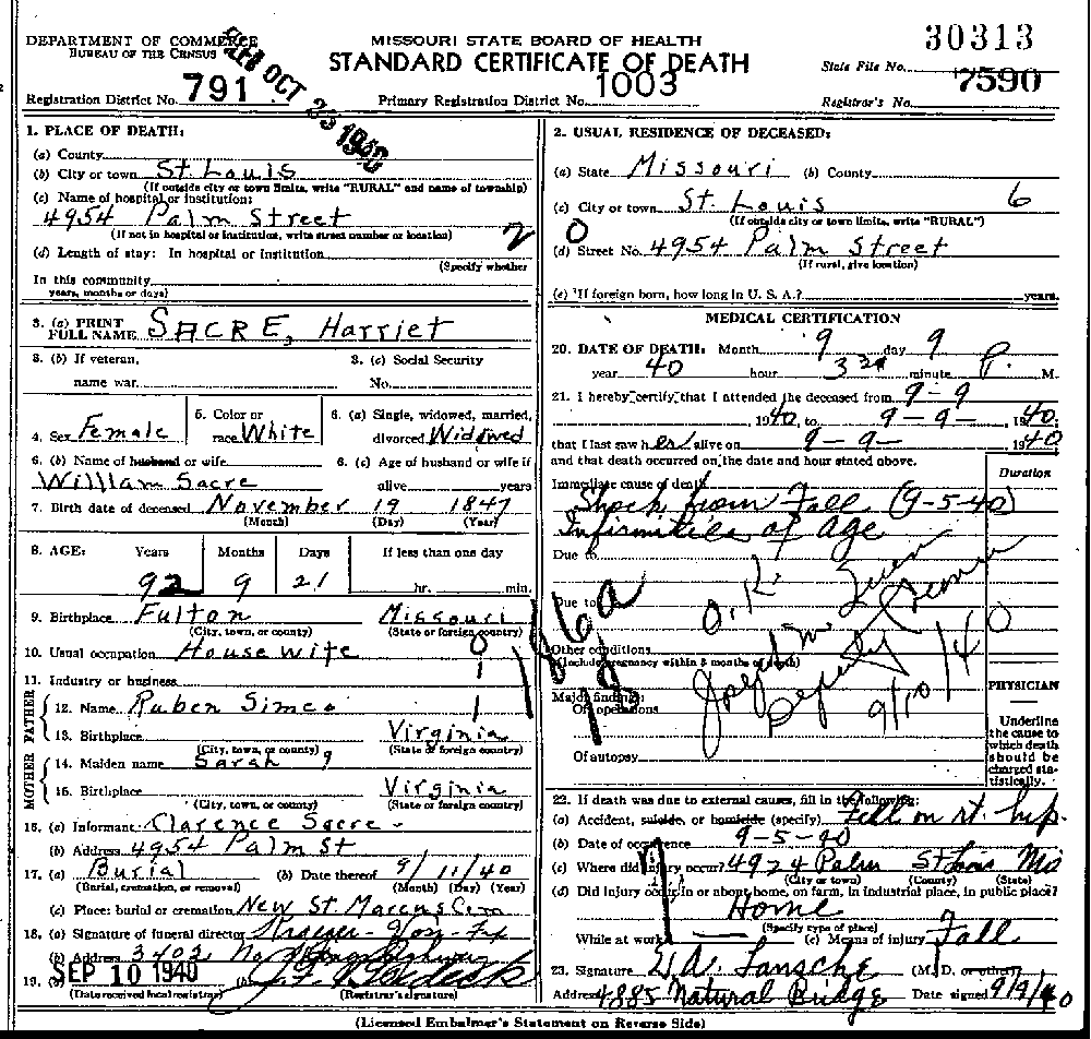 Death Certificate of Sacre, Harriet A. Simco