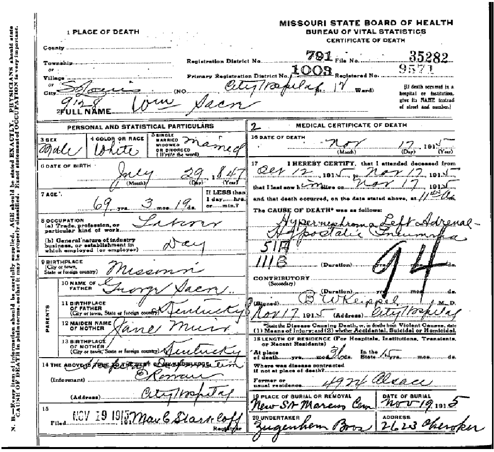 Death certificate of Sacre, William