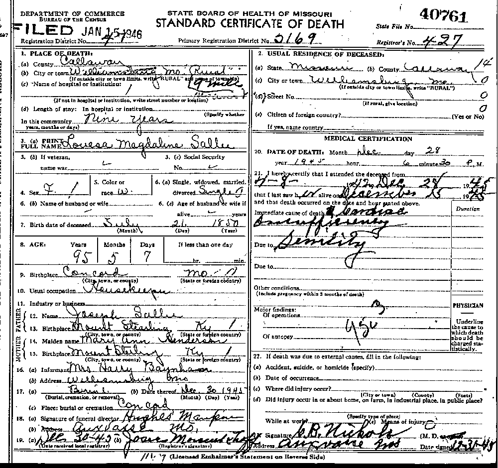 Death Certificate of Sallee, Louisa Magdaline