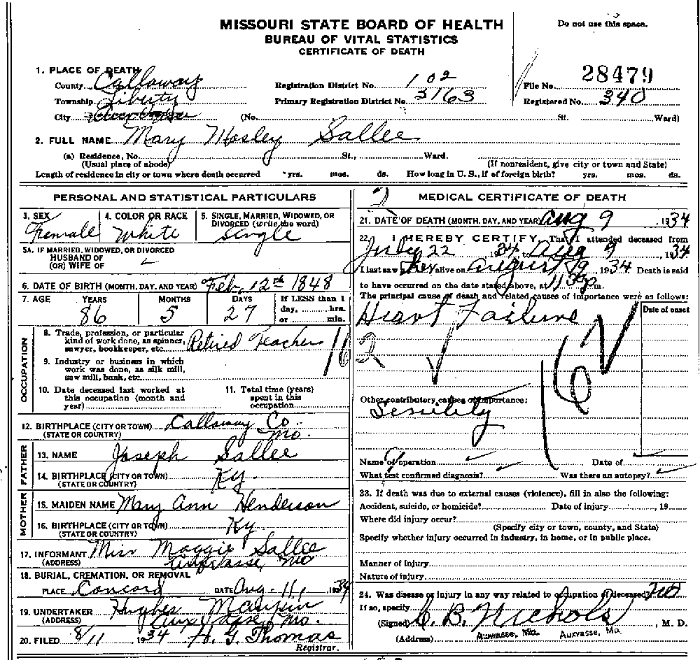 Death Certificate of Sallee, Mary Moseley