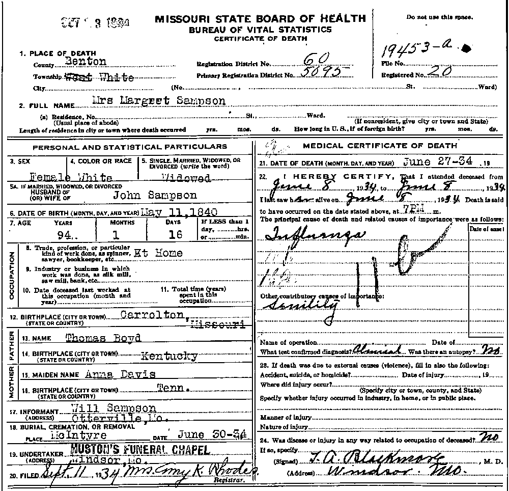 Death Certificate of Sampson, Margaret Boyd