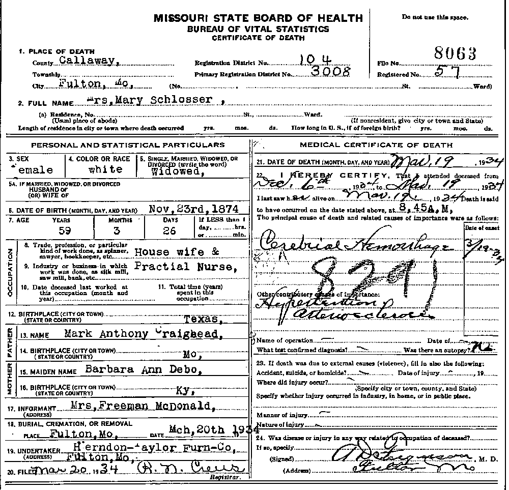 Death Certificate of Schlosser, Mary Litta Craighead