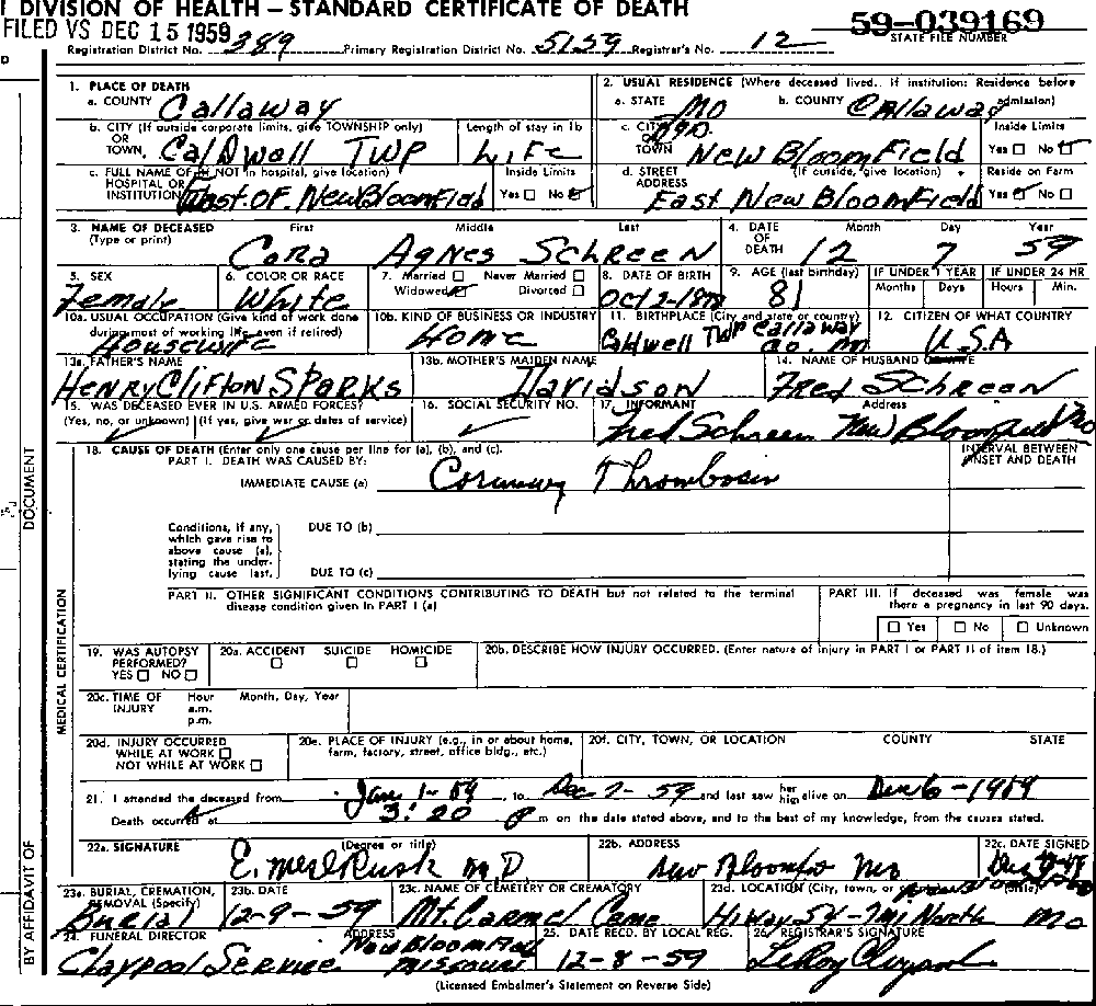 Death Certificate of Schreen, Cora Agnes Sparks
