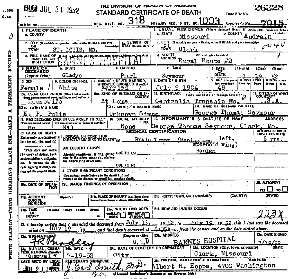 Death Certificate of Seymour, Gladys Pearl Pulis