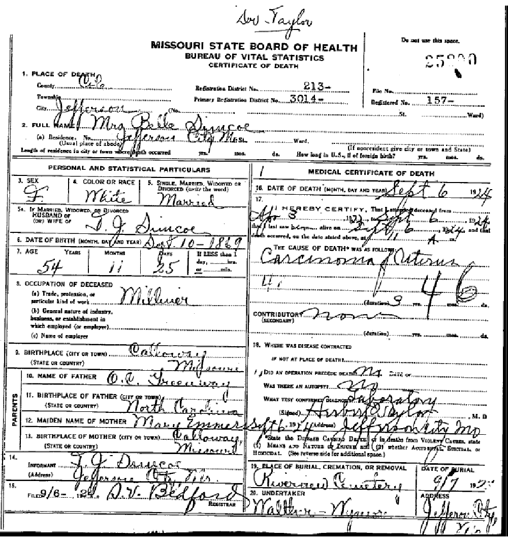 Death certificate of Simco, Belle Greenway