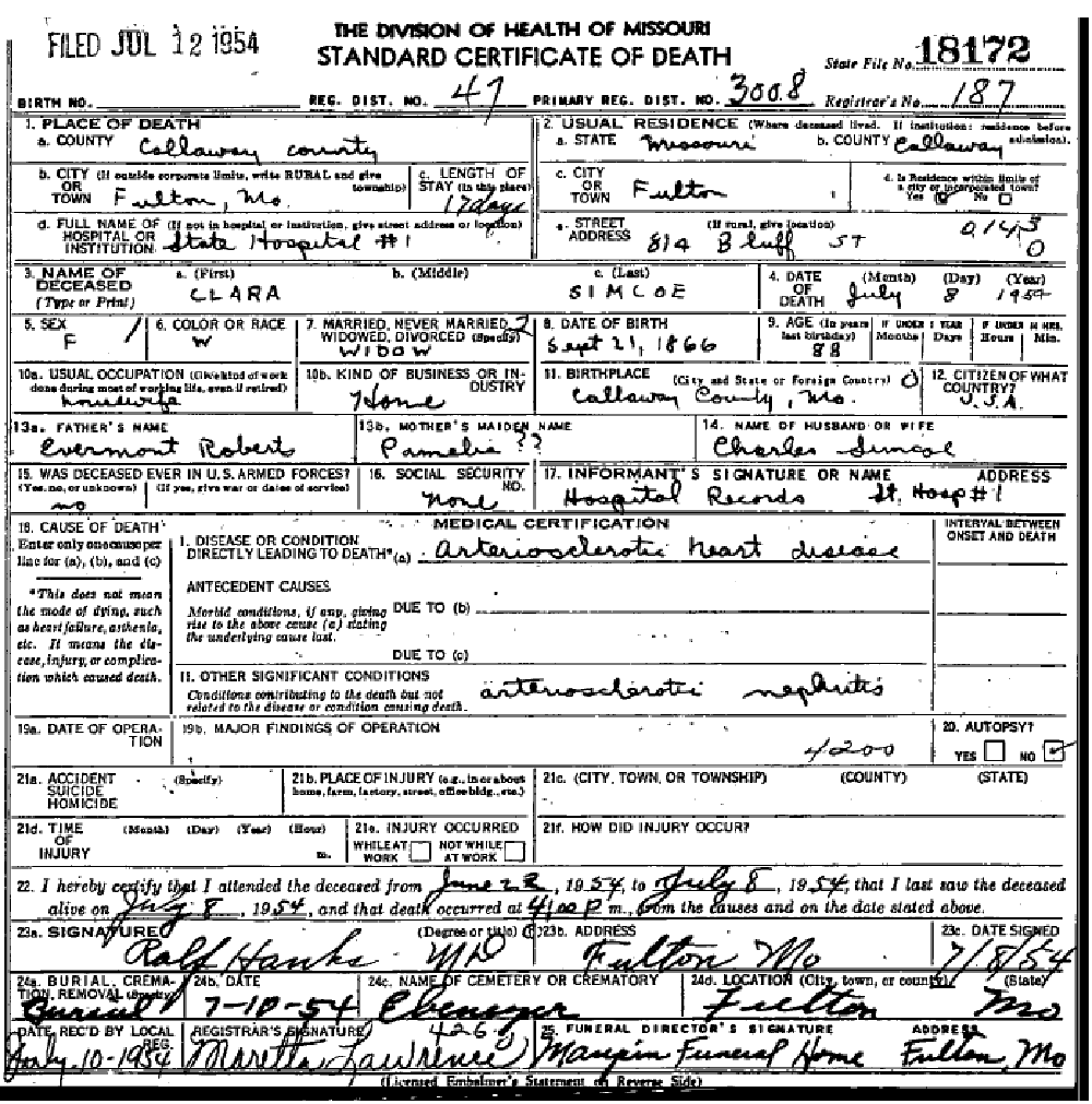 Death certificate of Simco, Clarrisa Jane Roberts
