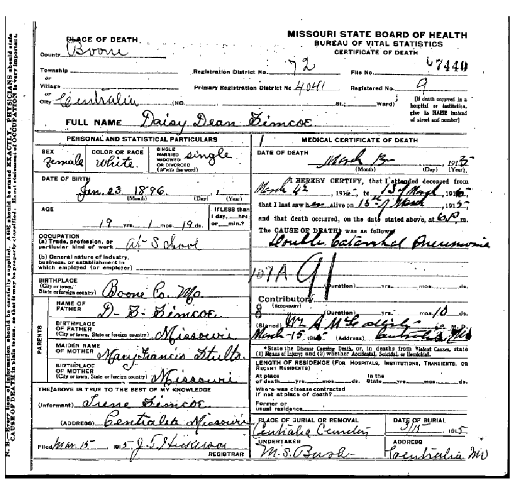 Death certificate of Simco, Daisy Dean