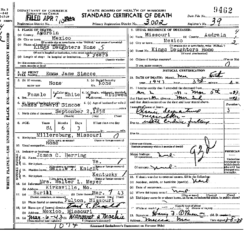 Death Certificate of Simco, Emma Jane Herring