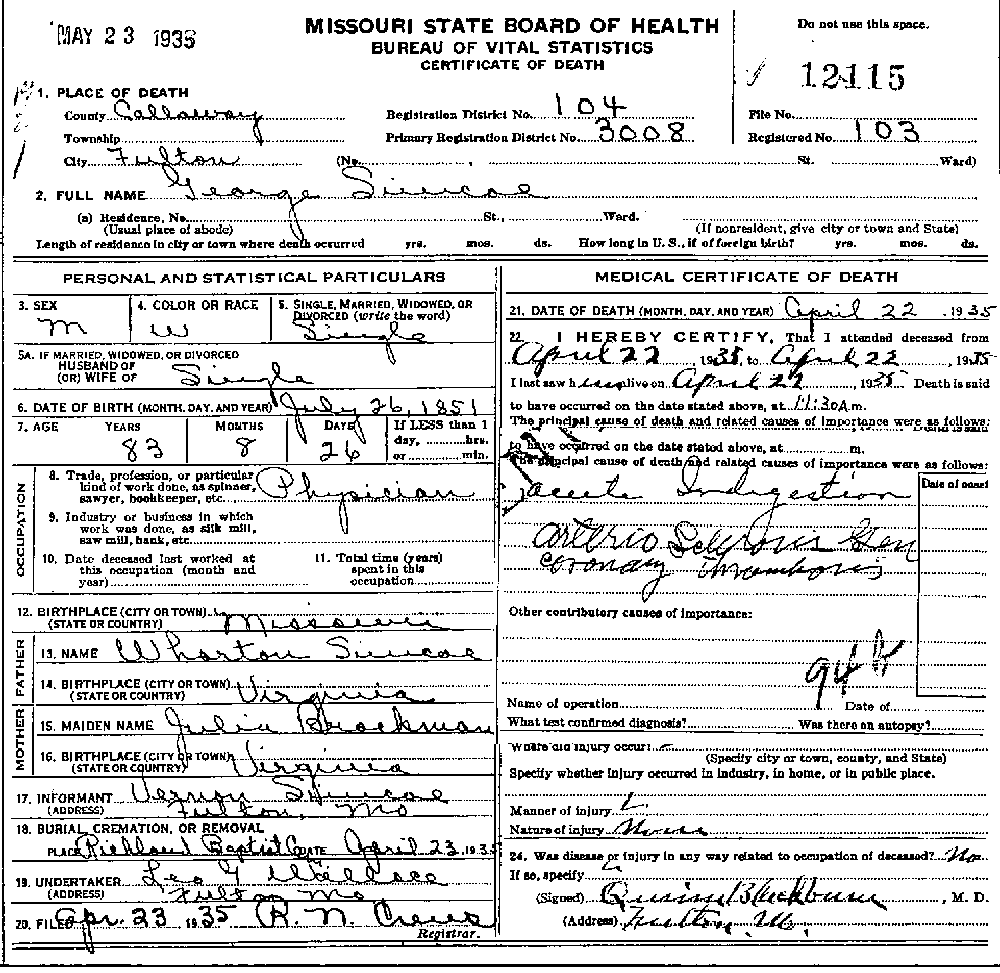 Death Certificate of Simco, George Dr.