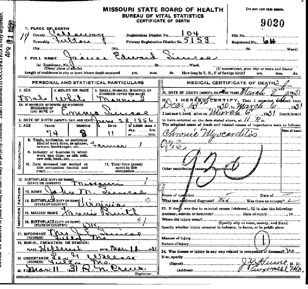 Death certificate of Simco, James Edward