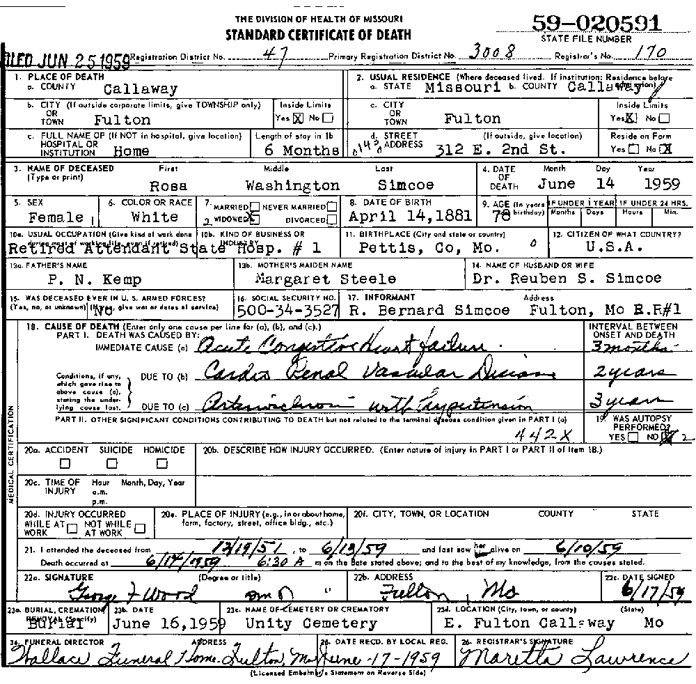 Death Certificate of Simco, Rosa Washington Kemp