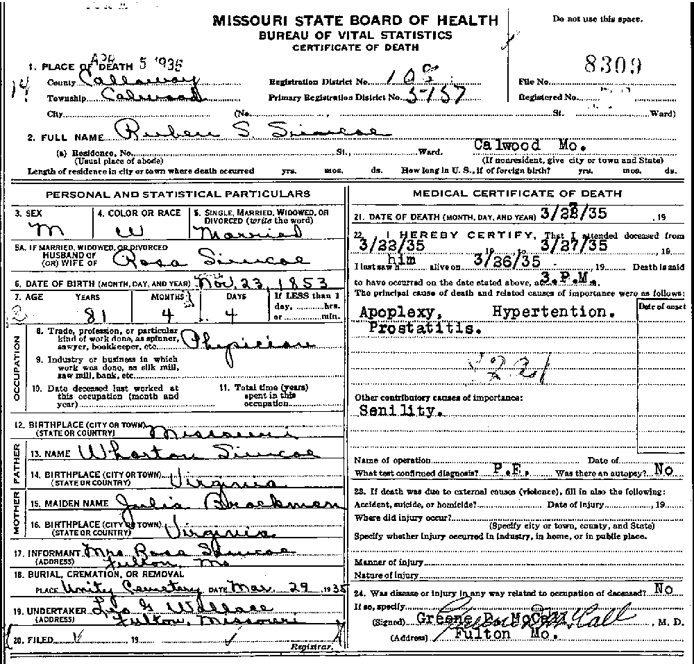 Death Certificate of Simco, Reuben Sims Dr.