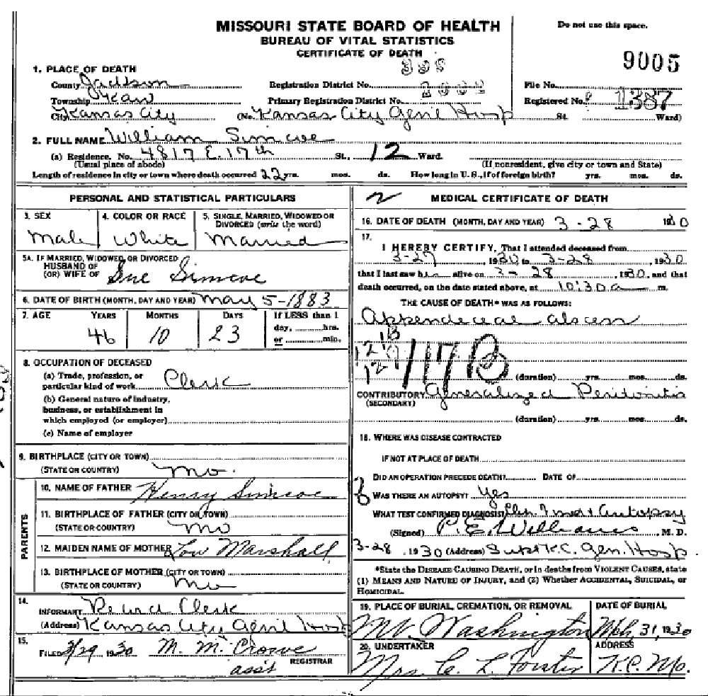 Death Certificate of Simco, William R.