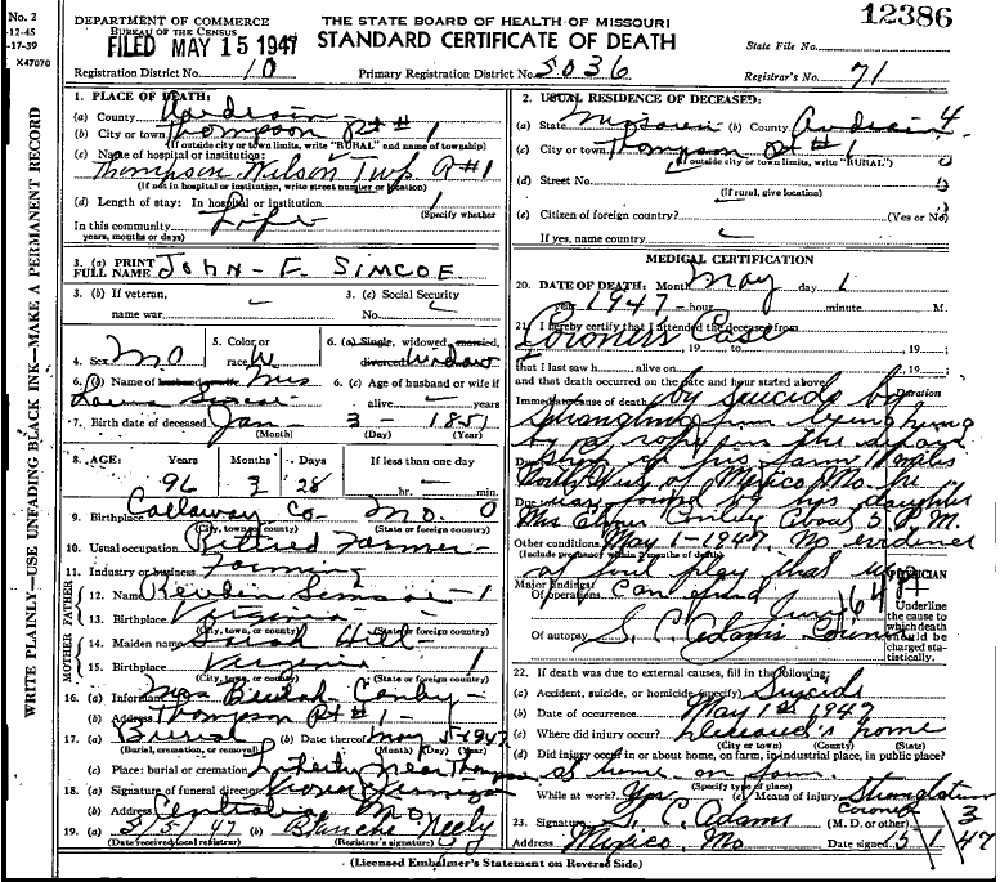 Death Certificate of Simco, John Franklin