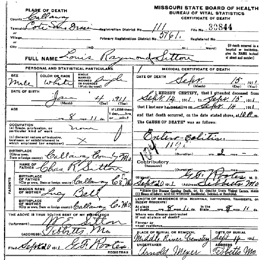 Death Certificate of Sitton, Louis Raymond