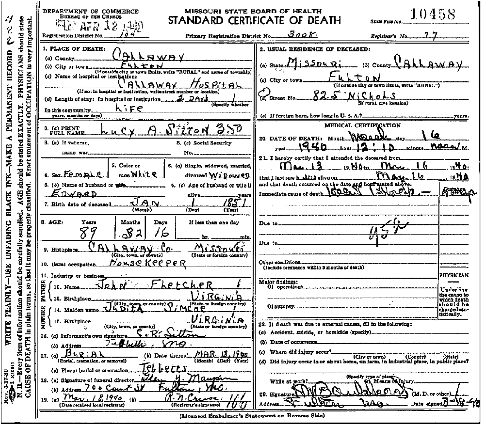 Death Certificate of Sitton, Lucy A. Fletcher